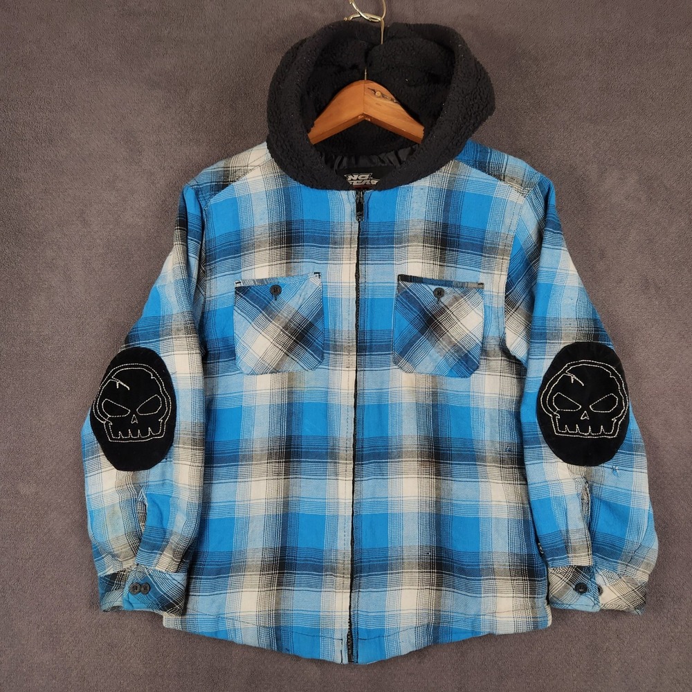 Vintage No Fear Hooded Flannel Shirt Jacket Boys Medium Plaid Skull Elbow Patch